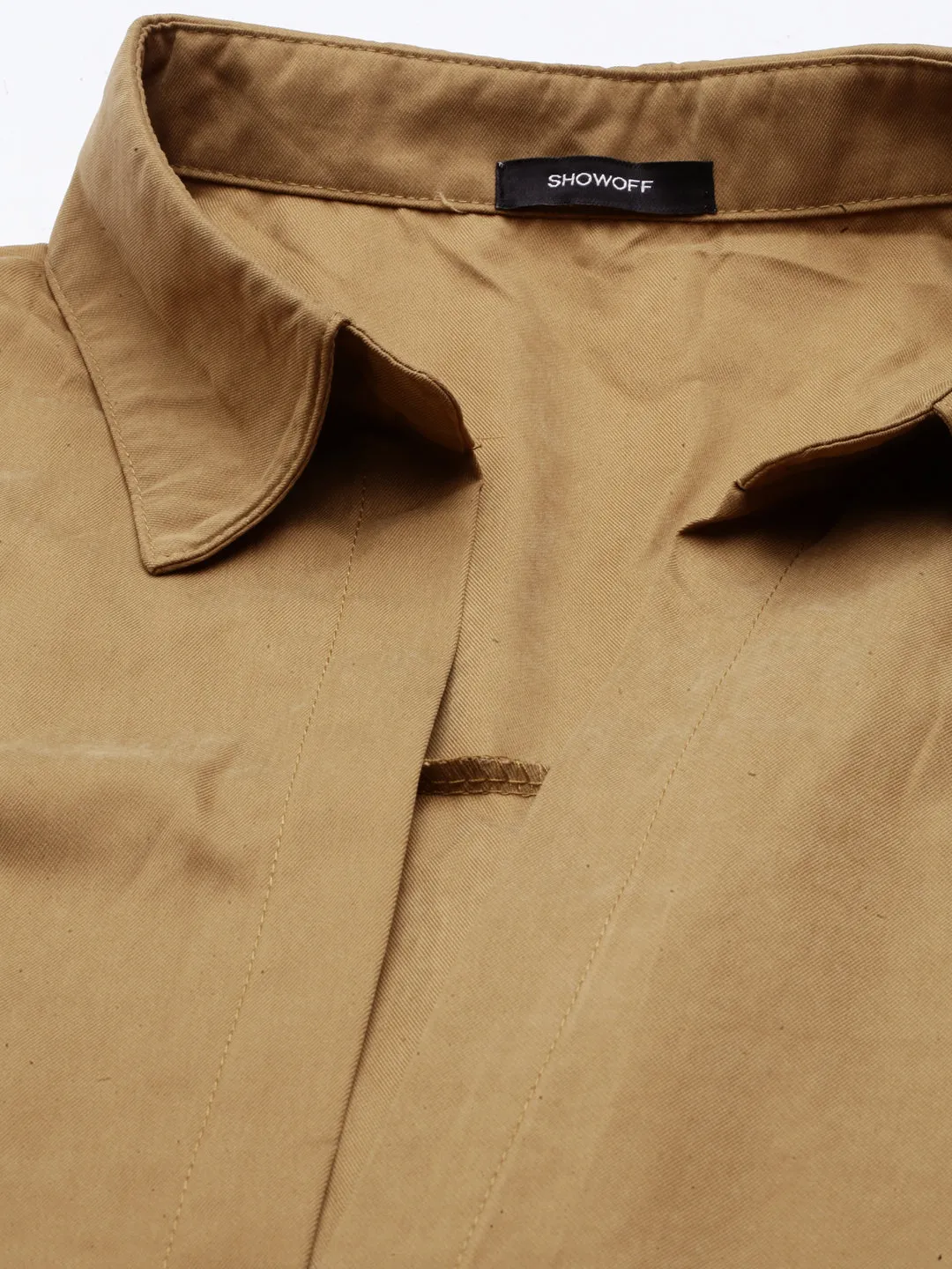 Women Khaki Shirt Collar Cuffed Sleeves Twisted Shirt Style Top With Tank Top