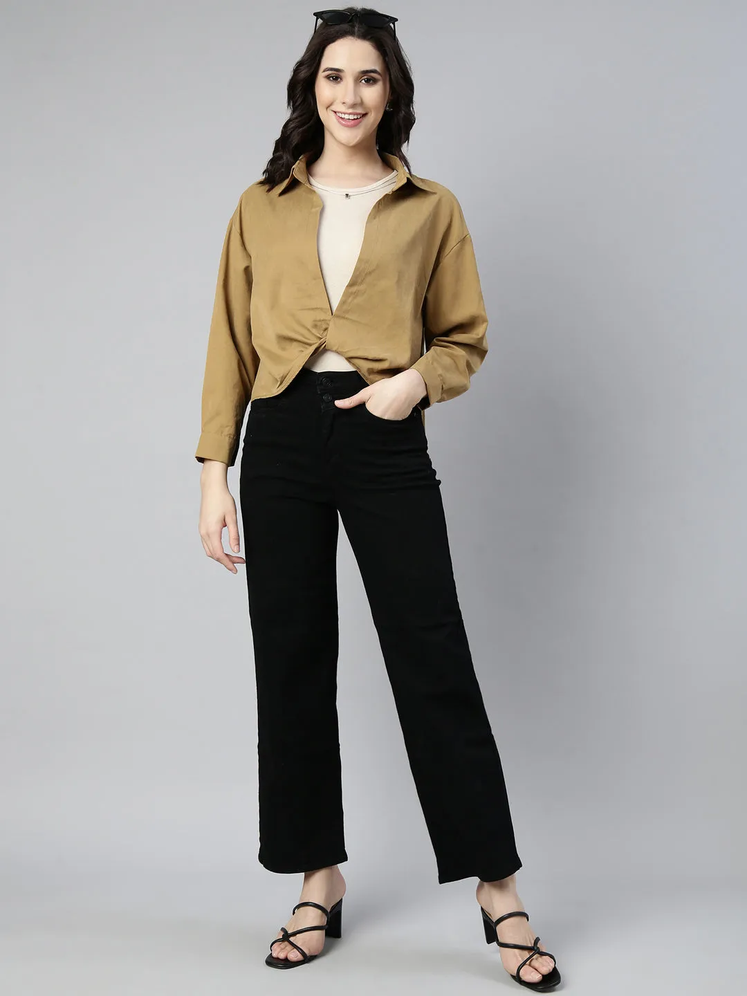 Women Khaki Shirt Collar Cuffed Sleeves Twisted Shirt Style Top With Tank Top