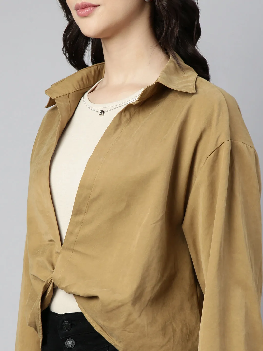 Women Khaki Shirt Collar Cuffed Sleeves Twisted Shirt Style Top With Tank Top