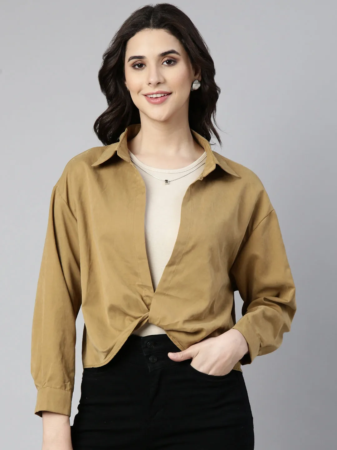 Women Khaki Shirt Collar Cuffed Sleeves Twisted Shirt Style Top With Tank Top