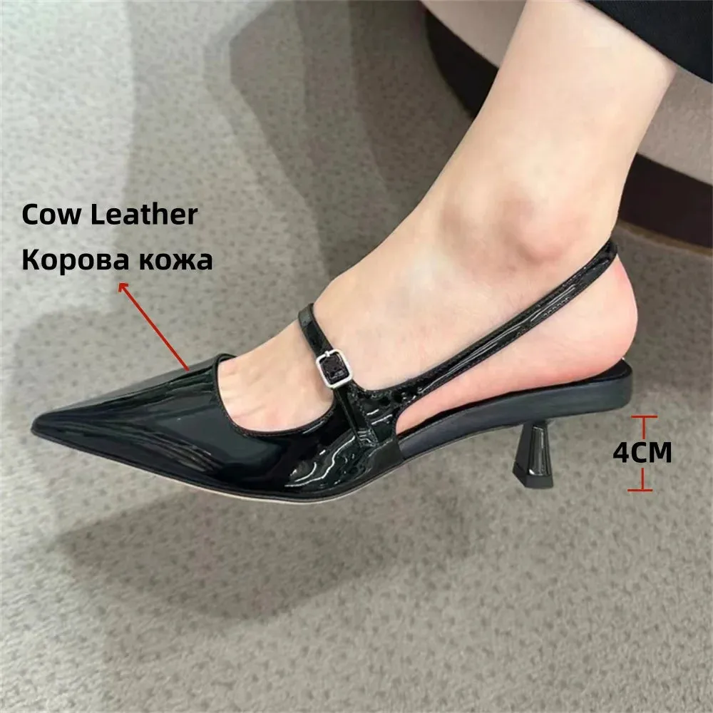 Women's Genuine Leather Slingbacks Kitten Heel Pointed Mary Jane
