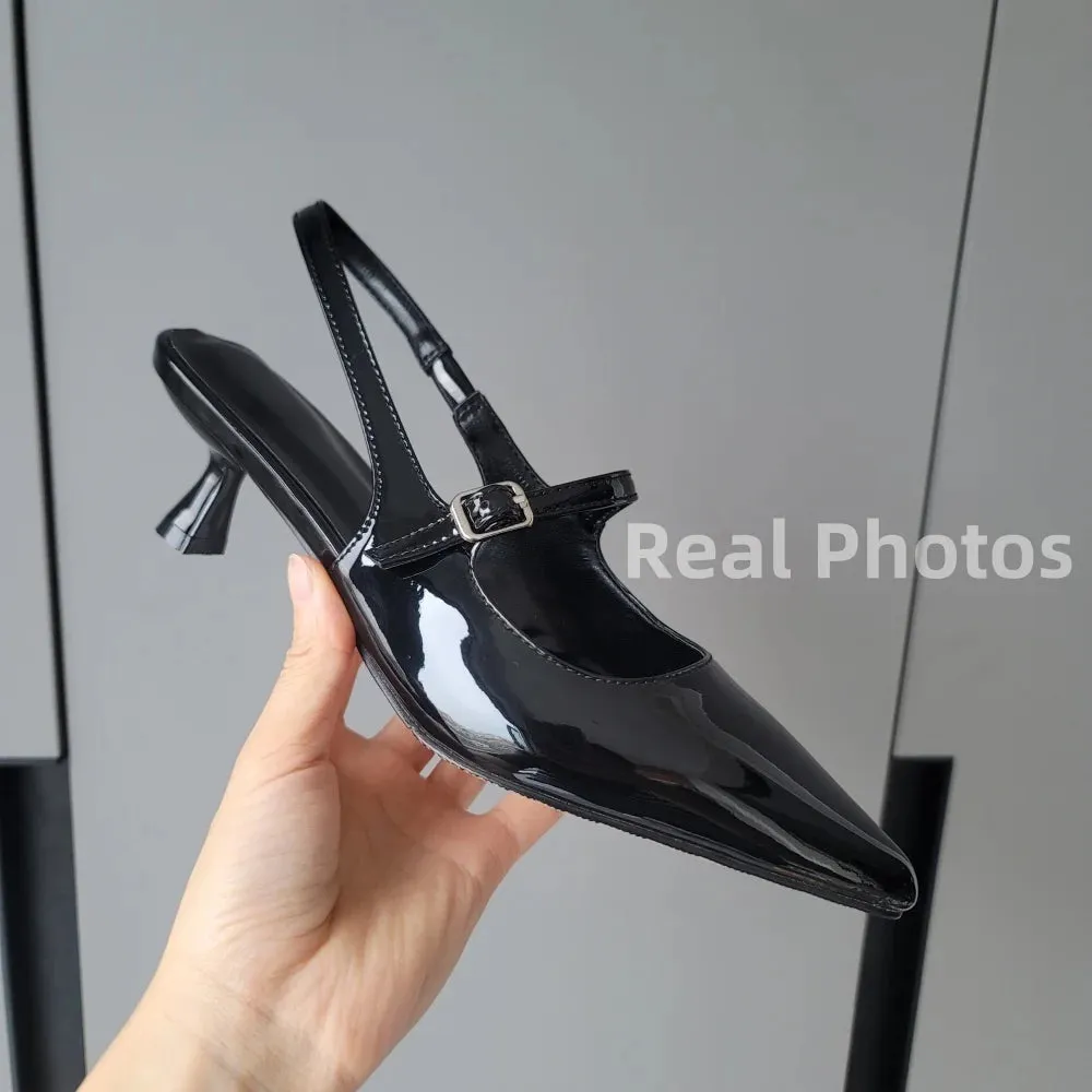 Women's Genuine Leather Slingbacks Kitten Heel Pointed Mary Jane