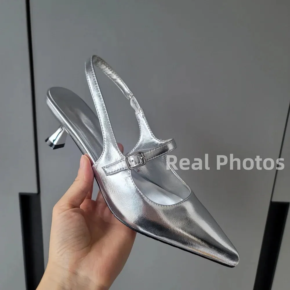 Women's Genuine Leather Slingbacks Kitten Heel Pointed Mary Jane