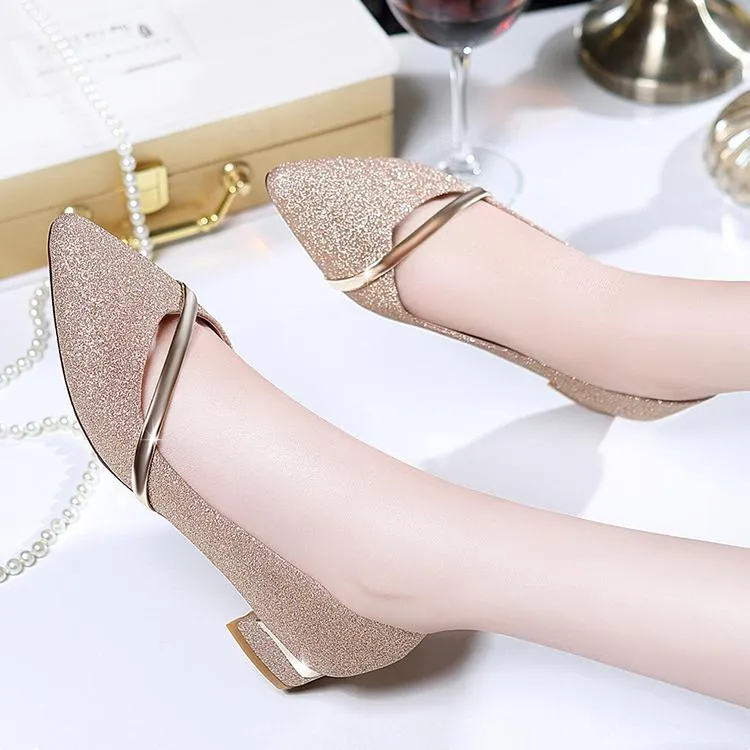 Women's low block heel pointed toe pumps elegant shallow heels