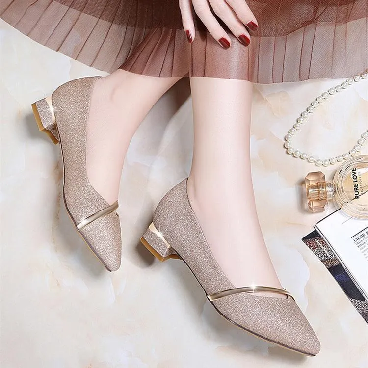 Women's low block heel pointed toe pumps elegant shallow heels