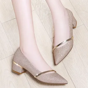 Women's low block heel pointed toe pumps elegant shallow heels