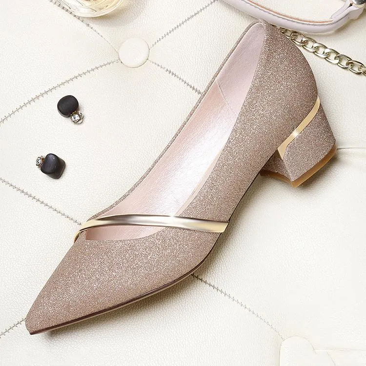 Women's low block heel pointed toe pumps elegant shallow heels