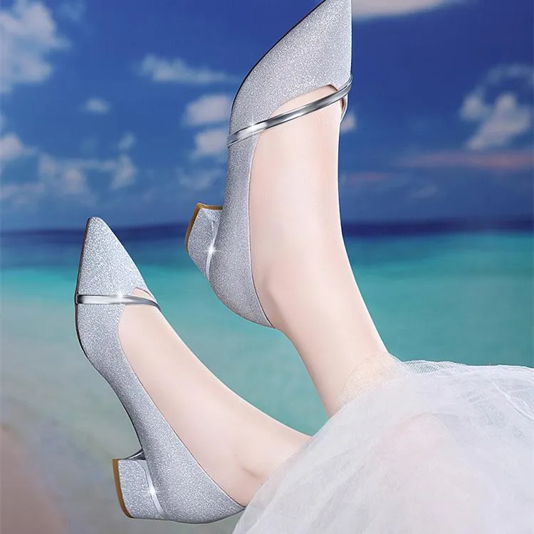 Women's low block heel pointed toe pumps elegant shallow heels