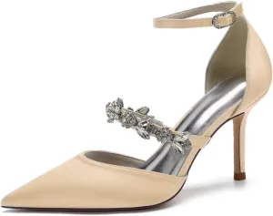 Women's Satin Bridal Heels - Rhinestone Ankle Strap Wedding Pumps, Pointed Toe High Heel Shoes for Bride & Prom, Elegant Cocktail Party & Ceremony Dress Shoes